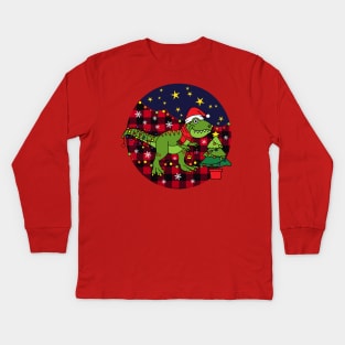 Kids Christmas T-rex Dinosaur Kids Long Sleeve T-Shirt